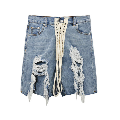 2025 Comfortable Casual High Waist Shorts Women's  Spring New Sexy Spice Girls Wind Cross Strap Ripped Denim Shorts