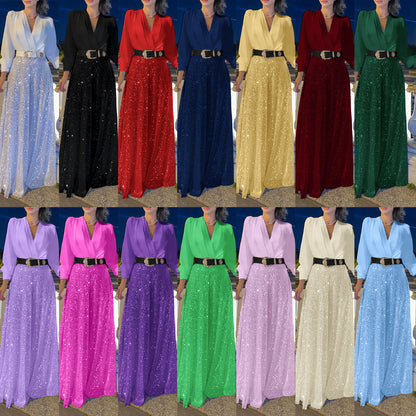 New women's clothing  new models, fashionable V-neck long-sleeved shirt temperament elegant waist and thin sequins wide legs
