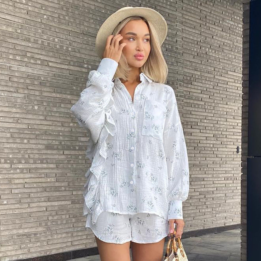 LOVECCR 2025 pure cotton printed lotus leaf edge long-sleeved shorts pajamas women's spring comfortable loose loungewear