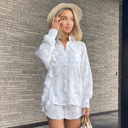 LOVECCR 2025 pure cotton printed lotus leaf edge long-sleeved shorts pajamas women's spring comfortable loose loungewear