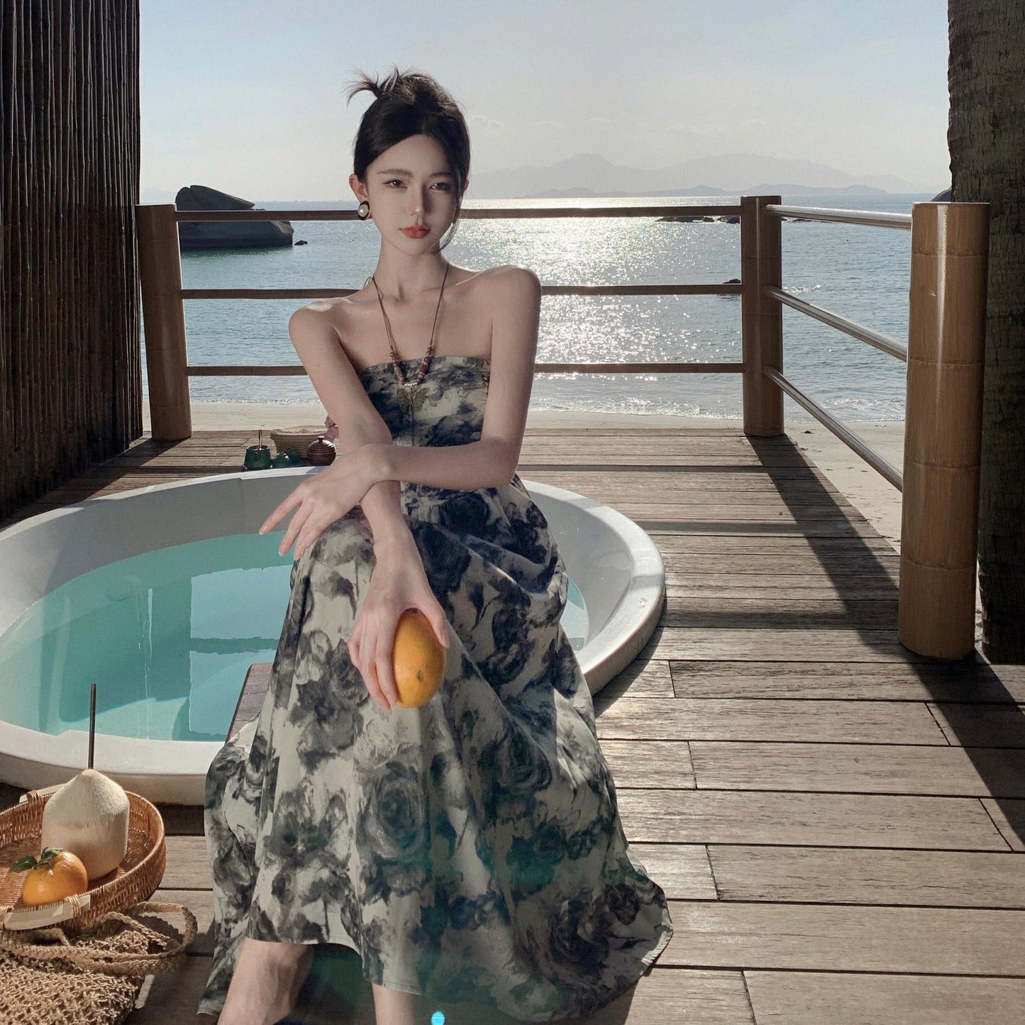 2025 Ink floral tube top shoulder suspender dress women's new waist thin sexy backless long skirt