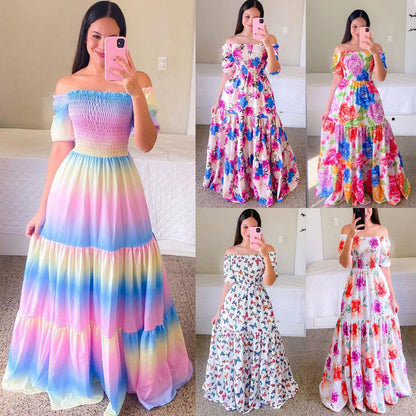 New new spring and summer  women's clothing dress, one-word shoulder floral fashion off-the-shoulder long, printed skirt
