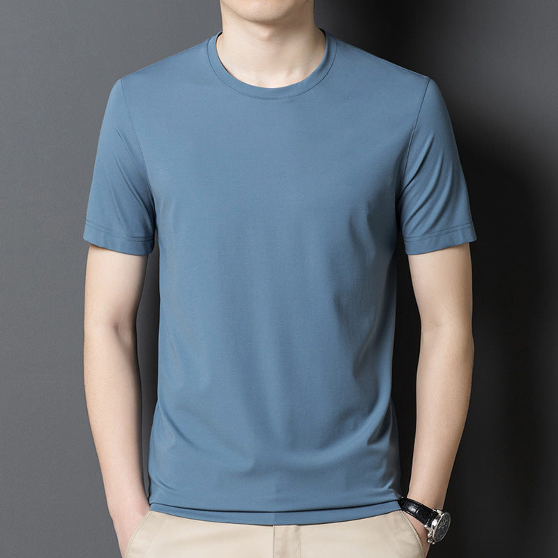 Famous Brand Authentic Mulberry Silk Men's T-shirt Short  Summer round Neck All-Matching Youth Middle-Aged Men's Silk Top