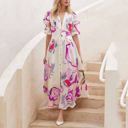 2025 spring New new 2025  women's beach dress slim-fitting pendulum four-sided elastic printing dress