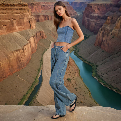 2025 Fashion personalized jeans women's spring  new wavy design high waist deconstructed high-end trousers