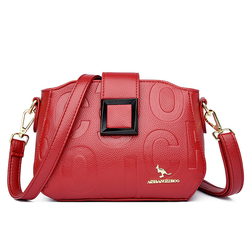 2025 Bag popular New Fashion Letter Embossed Shoulder Bag Simple Square Buckle Middle-aged Mom Bag Wide Shoulder Strap Crossbody Bag