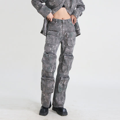 2025 Spot explosion  spring new fashion multi-pocket washing water high waist camouflage tooling wide-leg pants jeans women