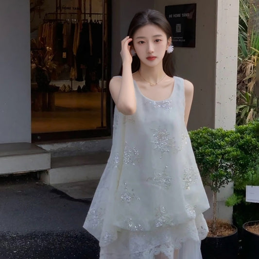 summer new heavy industry beaded lace loose sleeveless flower vest embroidered gentle wind skirt set N5016