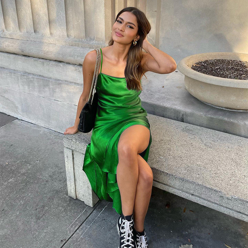 2025 summer new suspender ice silk simulation silk design sense niche dress slit long dress  sexy women