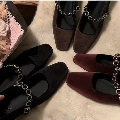 2025 Sheepskin version~ Grape mother  square head shallow mouth high heels one-word diamond belt versatile commuter Mary Jane single shoes women