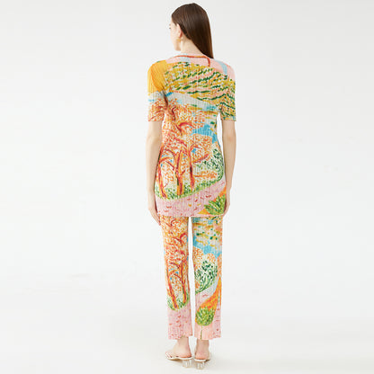spring niche temperament tree-painted printing small V-neck short-sleeved top women's casual trousers pleated suit women's