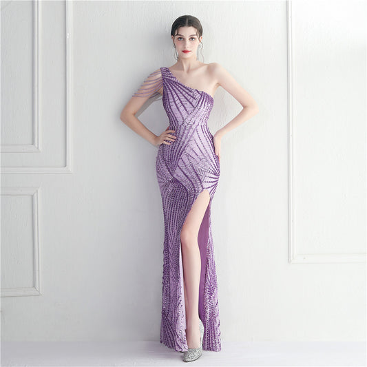 19906 #Positioning flower slanted shoulder collar split fork dinner celebration host sexy sequin long evening dress dress