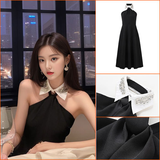 retro Hepburn style suspender dress women's summer small detachable collar temperament small black dress L4037