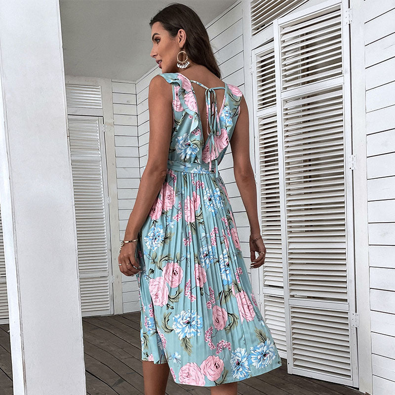 LOVECCR  new Hot summer 2025 printed pleated skirt ruffle edge flower lace-up dress