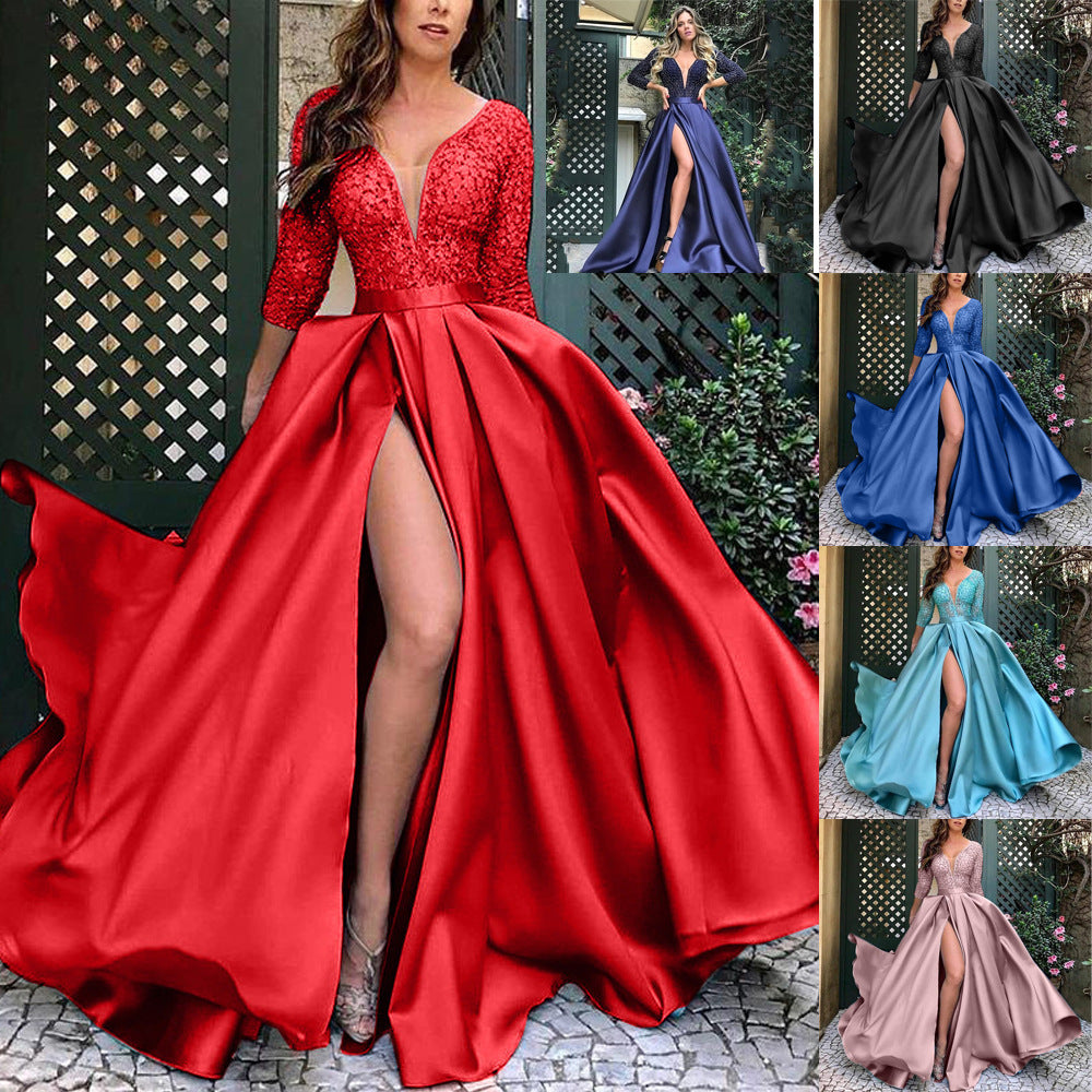 spring and summer  Popular trade women's clothing independent station lace sequins big pendulum sexy long dress trailing banquet evening dress
