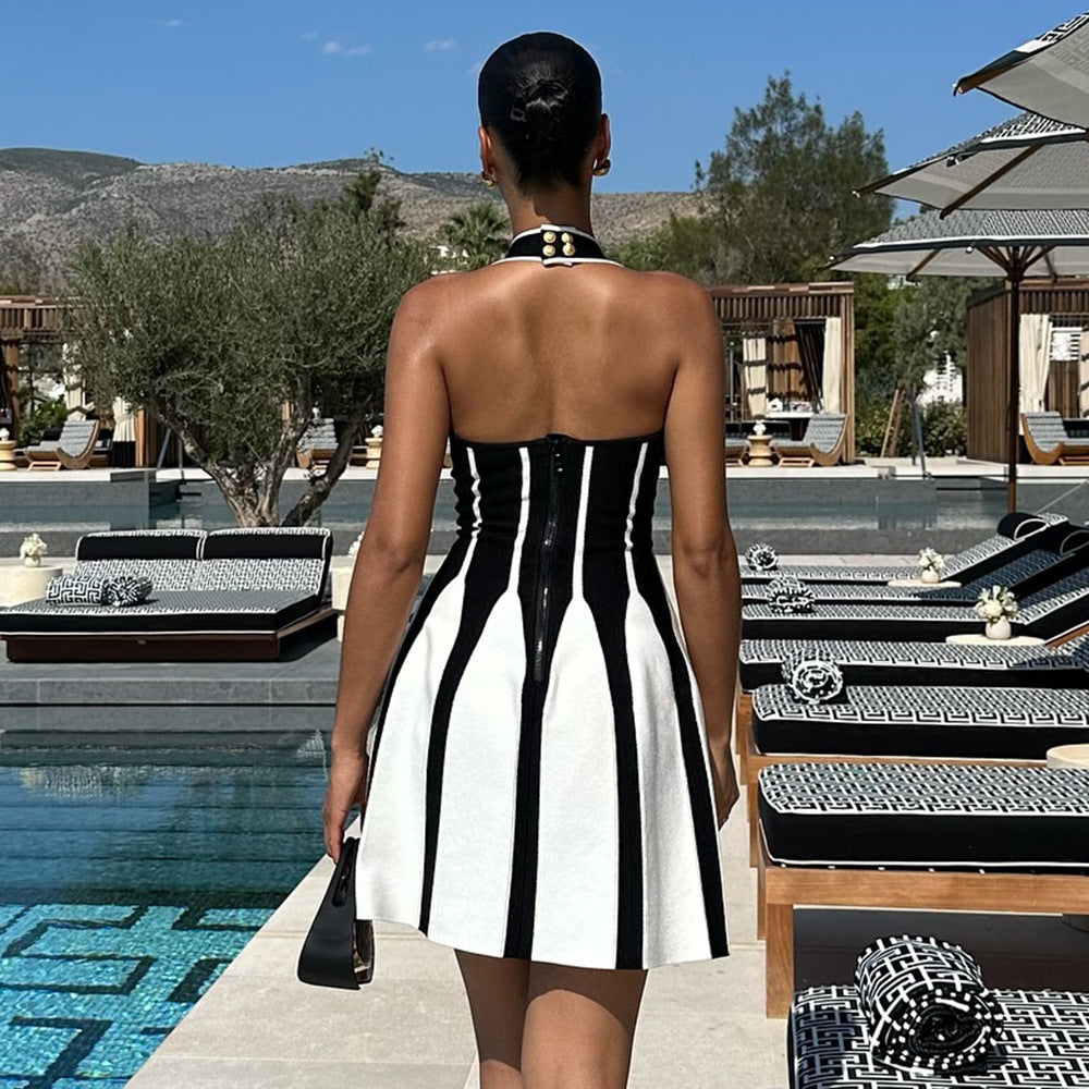 LOVECCR Popular, 2025 popular summer new  sweet and spicy neck halter suspender knitted striped dress bandage jacquard