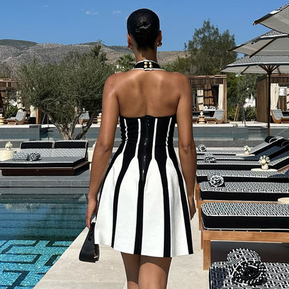 LOVECCR Popular, 2025 popular summer new  sweet and spicy neck halter suspender knitted striped dress bandage jacquard