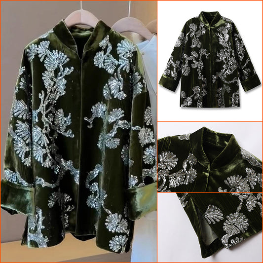 spring new new Chinese satin button-up top national style temperament jacquard green cotton jacket M3016