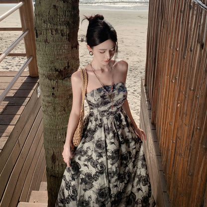 2025 Ink floral tube top shoulder suspender dress women's new waist thin sexy backless long skirt