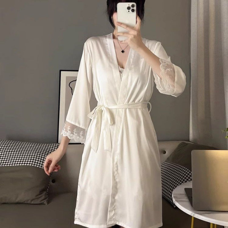 2025 Ice silk pajamas female sexy suspender nightgown spring and autumn long-sleeved thin lace pure desire loungewear set with chest pad
