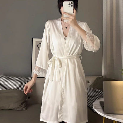 2025 Ice silk pajamas female sexy suspender nightgown spring and autumn long-sleeved thin lace pure desire loungewear set with chest pad