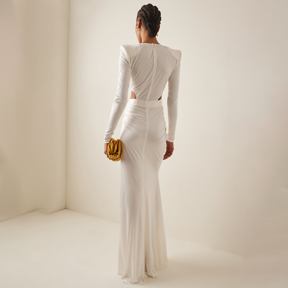LOVECCR white long-sleeved pleated hollow V-neck cross dress New metal 2025 elastic women's dress