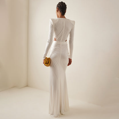 LOVECCR white long-sleeved pleated hollow V-neck cross dress New metal 2025 elastic women's dress