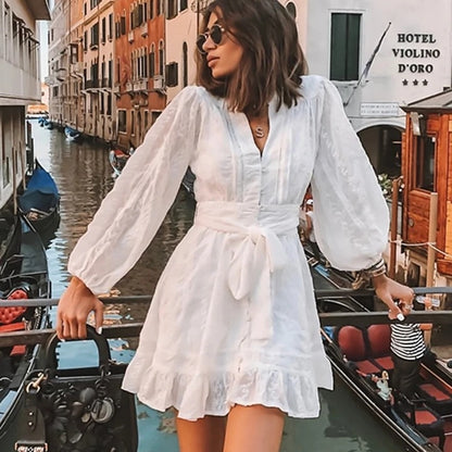 2025 autumn New new 2025 women's dress v-neck long-sleeved solid color sweet lace-up ruffle skirt