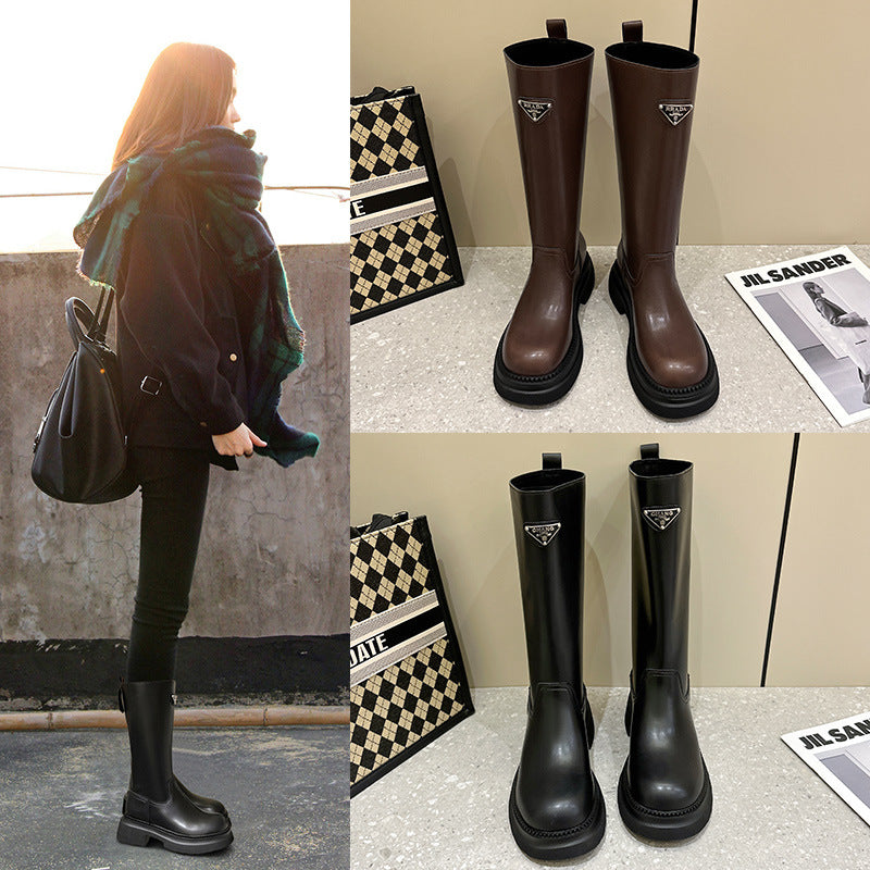 2025 Thick-soled knight boots women's  new trend British style thick heel heightening sleeve Chelsea cowhide medium and high boots