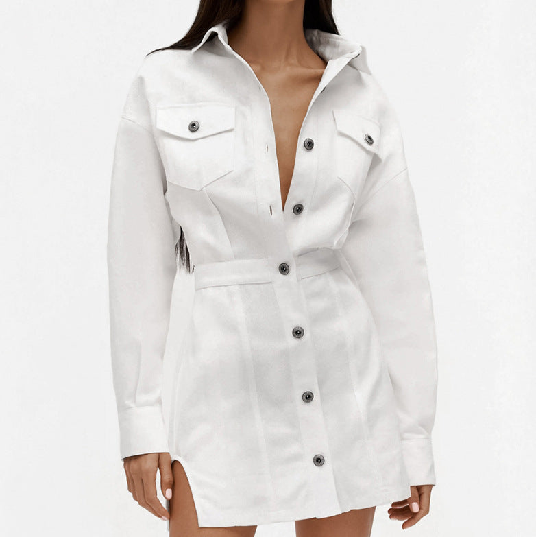 2025 Solid color lapel long-sleeved single-breasted temperament waist dress popular  autumn and winter fashion new A-pendulum short skirt