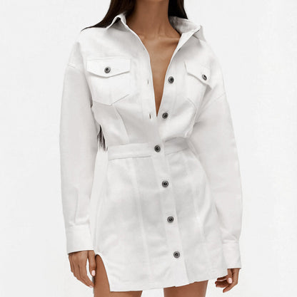 2025 Solid color lapel long-sleeved single-breasted temperament waist dress popular  autumn and winter fashion new A-pendulum short skirt