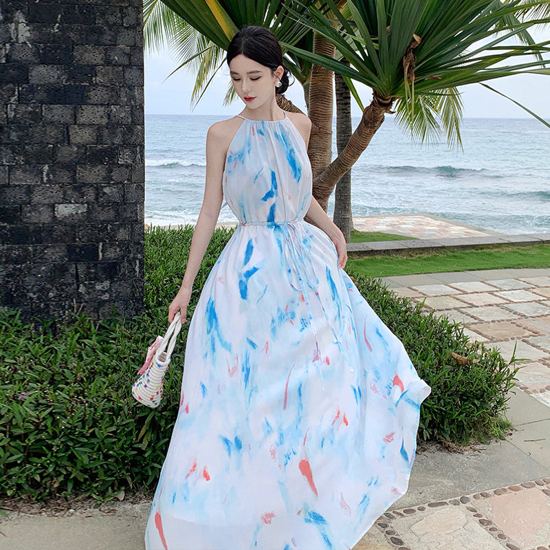 2025 Dopamine wear skirt summer thin chiffon skirt new seaside vacation oil painting high-end neck dress
