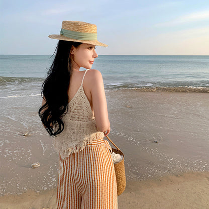 2025 Thai niche top summer short outer wear Spice girls wear seaside vacation knitted fringed sling vest women's inner wear