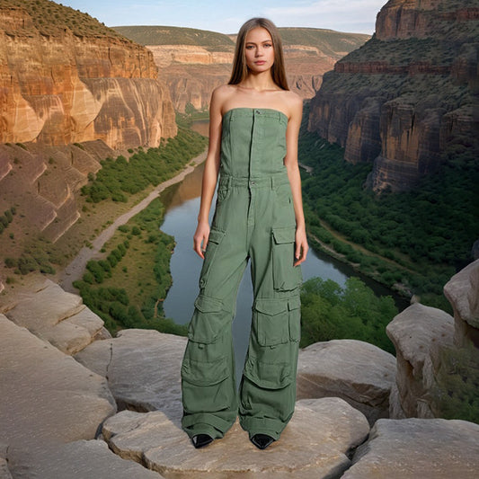2025 Nanyou premium jumpsuit  new fashion personality multi-pocket tube top tooling denim jumpsuit women
