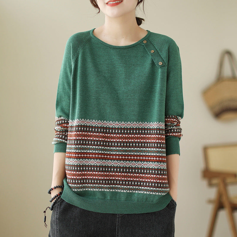 Temperament Striped Jacquard Knitted Sweater Women's Loose Long Sleeve Autumn and Winter New Retro Crew Neck Casual Versatile Bottom Sweater