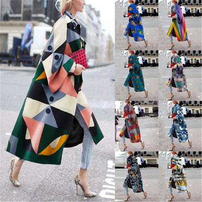 2025 autumn and winter new products wish independent station ebay amazon long horn sleeve jacket printed loose trench coat