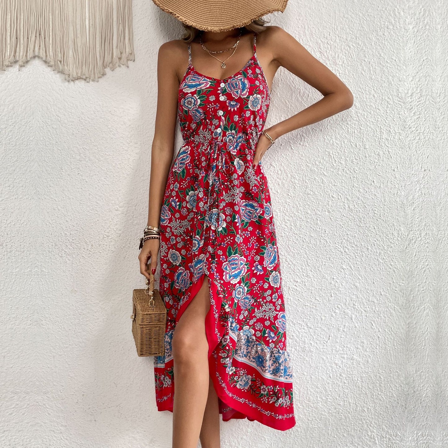 LOVECCR Hot summer new printed skirt 2025 bohemian suspender dress women