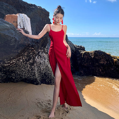 2025 Pure desire wind bridesmaid dress skirt photo super fairy desert backless dress female elegant long dress red beach dress