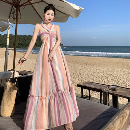 2025 Dopamine wear rainbow stripes candy color tie-dye gradual change backless dress seaside vacation neck dress women