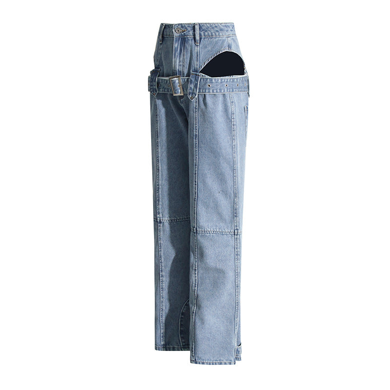 2025 new waist straight pants, fashionable design overalls, trousers, washed jeans, women's spring