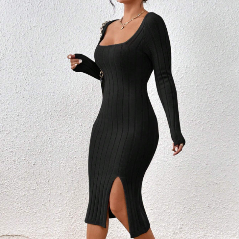 Spring New   n Sweater Dress Sexy Spice Girl Square Neck Long Sleeve Knitted Dress Women