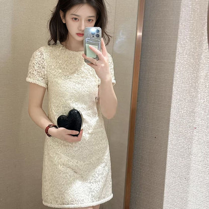 summer new white sequined dress temperament high sense light luxury niche design skirt M4048