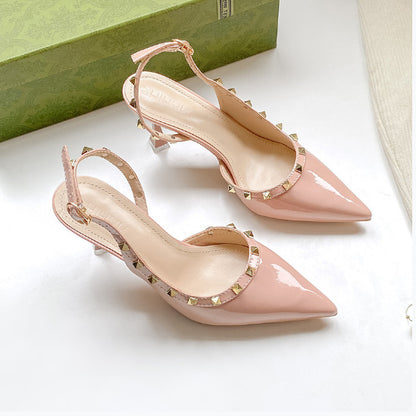 loveccr  Women's High Heels Summer New Design Sense All-Match Internet Celebrity Pointed Toe Stiletto Heel Rivet Closed Toe Slingback Sandals Women