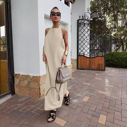 2025 Casual sexy summer lace-up halter fashion dress long dress Russian cotton and linen breathable khaki long dress women's clothing