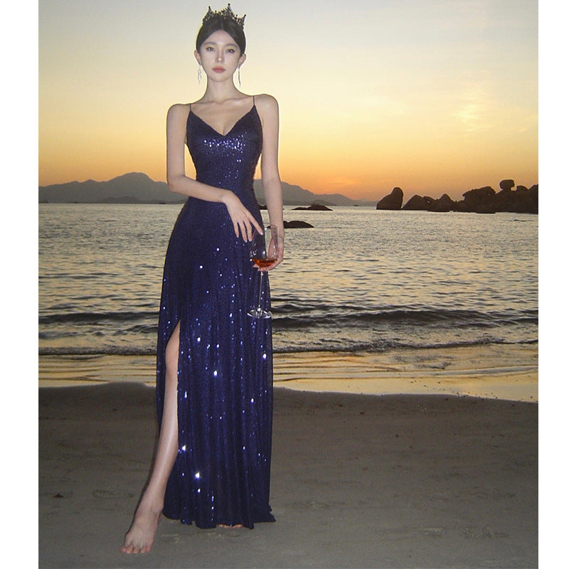 2025 Muse Fan Blue Sequin Dress Women's Summer Seaside Vacation Hepburn Style Premium Split Dress Suspender Long Dress