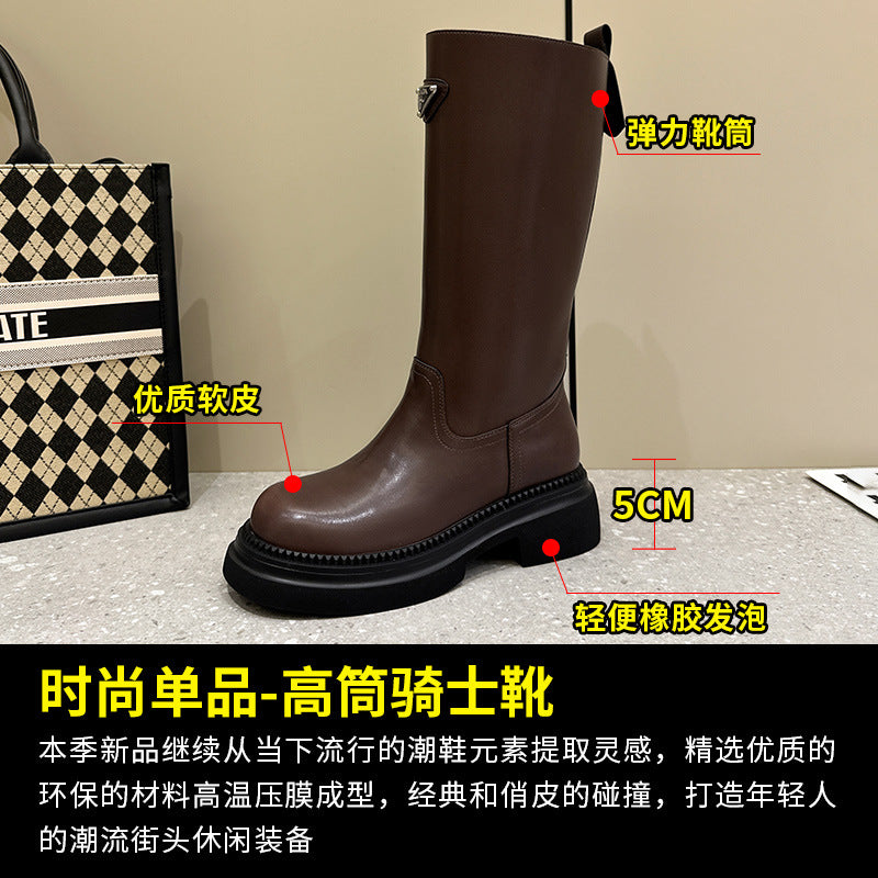 2025 Thick-soled knight boots women's  new trend British style thick heel heightening sleeve Chelsea cowhide medium and high boots