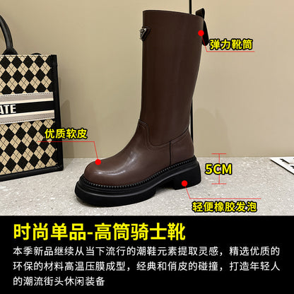 2025 Thick-soled knight boots women's  new trend British style thick heel heightening sleeve Chelsea cowhide medium and high boots