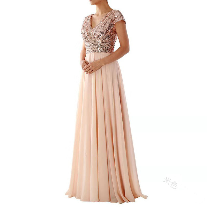 New new spring and summer  women's sleeveless dress V-neck sequined temperament chiffon splicing evening dress