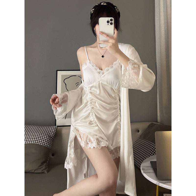 2025 Ice silk pajamas female sexy suspender nightgown spring and autumn long-sleeved thin lace pure desire loungewear set with chest pad