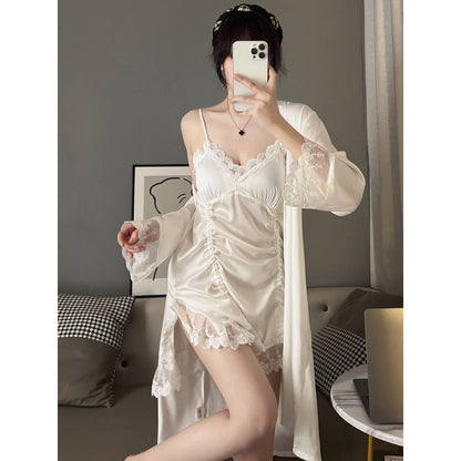 2025 Ice silk pajamas female sexy suspender nightgown spring and autumn long-sleeved thin lace pure desire loungewear set with chest pad